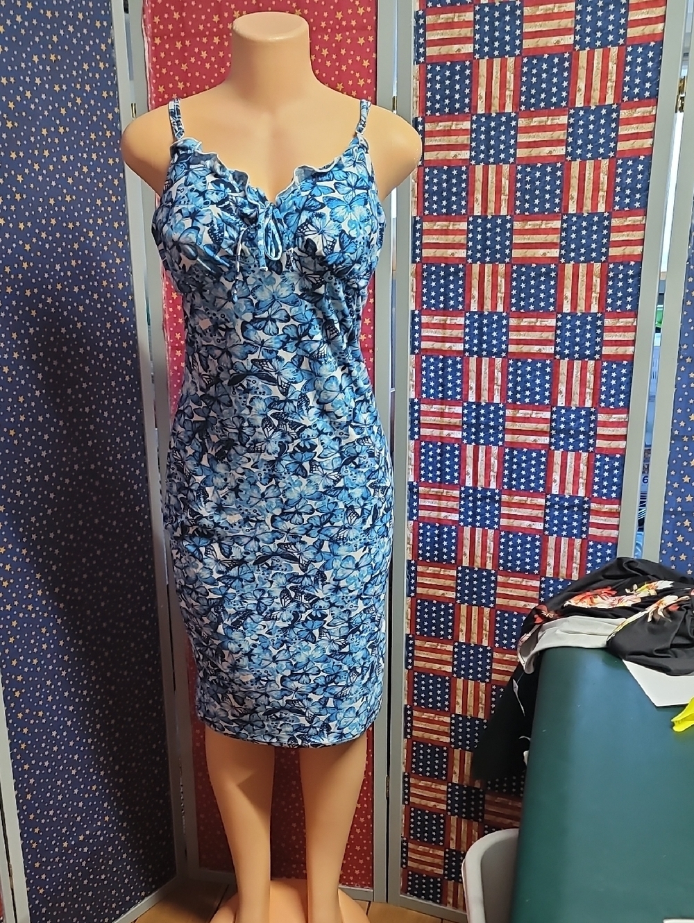 No Boundaries Blue Floral Slip Dress with Ruffle Tie Neck